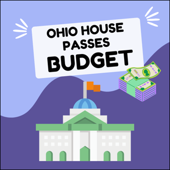 Ohio House Passes Budget.  Cartoon Capitol Building. Cartoon money.